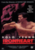 Martial artist Bolo Yeung poses shirtless with a fist raised while a red lion sculpture stands behind him. Text reads: Ironheart and Only the strong will survive. The Ironheart DVD (1992) is an action thriller rated R and is a must-have for collectors of rare movies on DVD, especially for fans seeking the Ironheart DVD (1992).