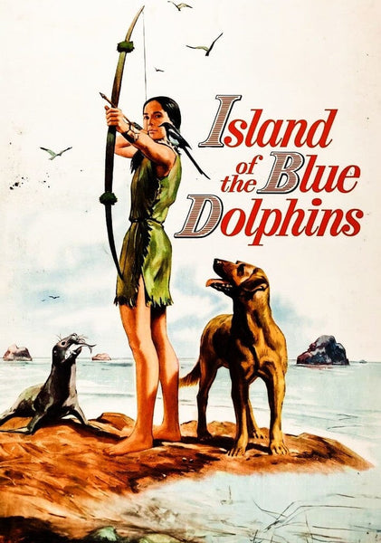 A young girl in green stands on a rocky shore with her dog and a seal, bow in hand, as seagulls soar above distant islands. Island of the Blue Dolphins (1964) DVD is perfect for fans of classic movies.