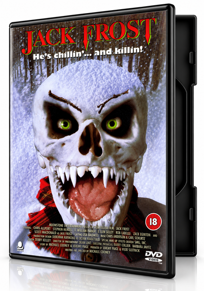 A menacing, skull-like snowman with glowing green eyes and sharp teeth looms over the title on the Jack Frost DVD (1997) cover, accompanied by the tagline, Hes chillin... and killin.