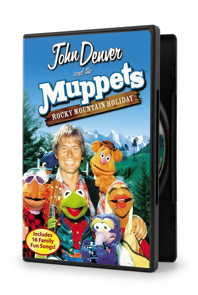 DVD case for Rocky Mountain Holiday with John Denver and the Muppets (1983) featuring John Denver and the Muppets surrounded by various characters against a mountain landscape, with text noting the inclusion of 16 family fun songs.