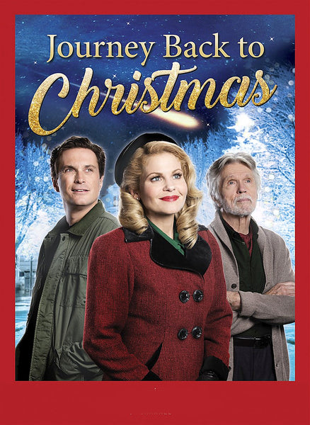 Three people stand in front of a snowy, decorated winter backdrop. At the center is a woman in a red coat, flanked by two men. Above them, the text reads “Journey Back to Christmas.” This heartwarming image captures a scene from Journey Back to Christmas (2016) DVD, inviting you into a timeless holiday tale that’s perfect for your collection.