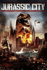 A towering T. rex wreaks havoc on a blazing city while an armed soldier looks on. The title “Jurassic City” crowns the scene—relive the adventure with the Jurassic City (2015) DVD!.