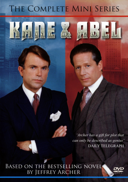Two men in suits stand side by side against a cityscape backdrop on the cover of Kane & Abel (1985) 2 Discs, based on the novel by Jeffrey Archer. Perfect for fans of classic movies on DVD, this set features memorable quotes and official DVD logos.