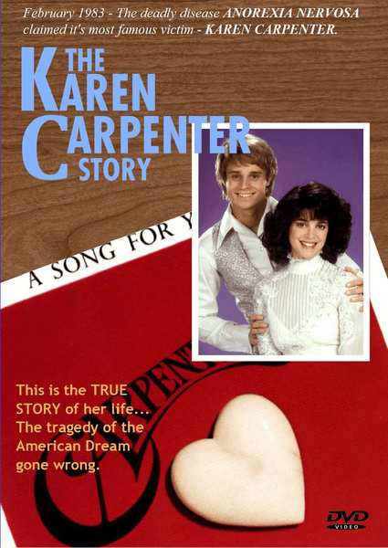 The cover of The Karen Carpenter Story (1989) DVD features a smiling couple, a red book with a heart, and text highlighting Karen Carpenter’s life and her struggle with anorexia nervosa. This compelling biopic is an essential addition to the collection of any rare movie enthusiast on DVD.