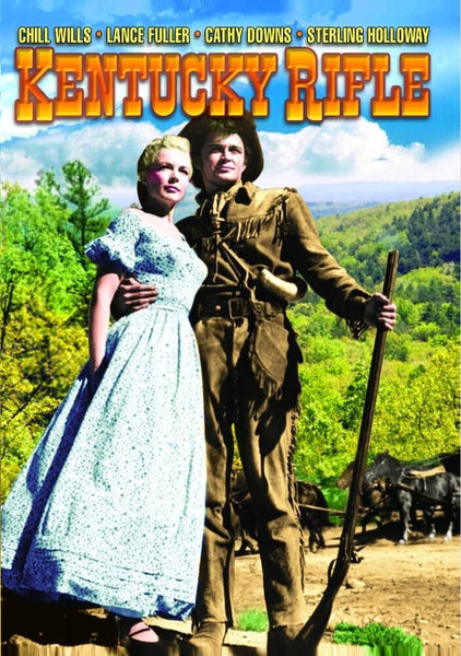 A man in frontier attire and a woman in a blue dress stand outdoors, with "Kentucky Rifle (1955) DVD" displayed boldly above them and the actors’ names at the top. A wagon train appears in the background, embodying the spirit of frontier adventure captured in this rare classic western film. Perfect for collectors, this Kentucky Rifle (1955) DVD brings the excitement of the Old West to your movie library.