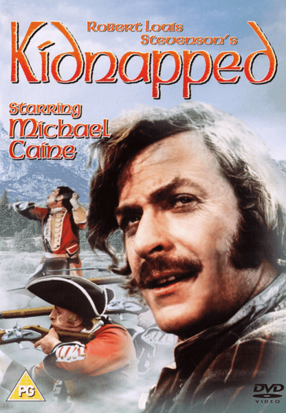 Kidnapped DVD (1971) features a cover with a close-up of a mustachioed man in period attire, set against a backdrop of soldiers and a mountain landscape; the cover highlights Michael Caine as the star—making this DVD an essential addition for classic movie collectors.
