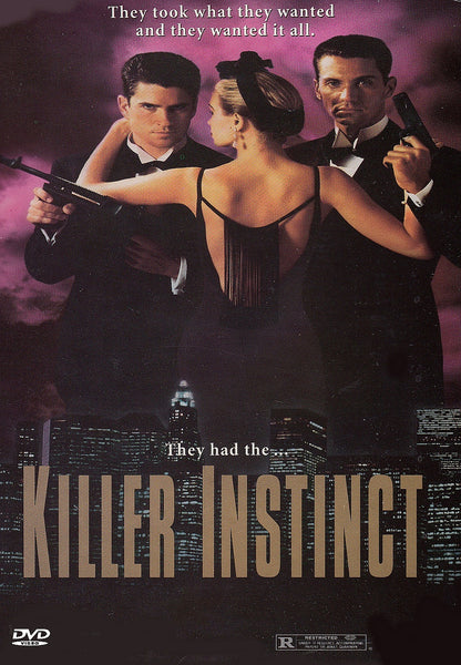 A woman in a black dress stands between two men in suits holding guns. The tagline reads, “They took what they wanted—and they wanted it all. They had the... Killer Instinct.” A city skyline looms in the background—a gripping image reminiscent of classic films featured on rare DVD collections, now available with the Killer Instinct DVD (1992).