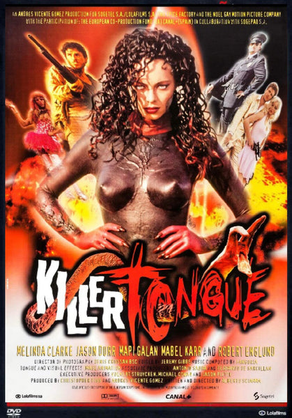 Movie poster for Killer Tongue (1996) DVD features a woman with wild hair and a metallic outfit, standing before fiery flames, her long tongue dramatically extending from her mouth. An ideal addition for collectors of rare and hard-to-find movies, this DVD prominently displays the film’s title and credits at the bottom of the artwork.