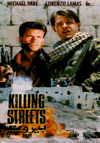 Two men, one dressed in military gear with a scarf, stand watchful against the backdrop of a war-torn stone city. Flames and smoke billow near vehicles below. “KILLING STREETS” is prominently displayed along with actors’ names and Arabic script—making this 1991 Killing Streets DVD an essential addition for collectors seeking rare action thrillers on DVD.