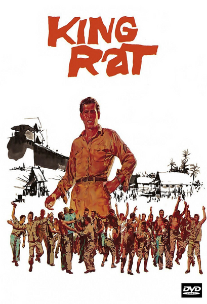 DVD cover for King Rat (1965), a gripping World War II film, featuring a man in uniform standing tall above a crowd of cheering soldiers, with a camp and palm trees in the background. The title “King Rat” appears in bold red letters at the top.
