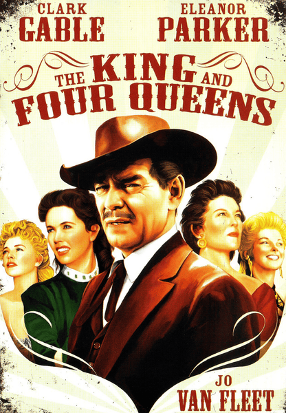 The King and Four Queens DVD (1956) features a movie poster showing a man in a cowboy hat and suit standing before four women, with the names Clark Gable and Eleanor Parker prominently displayed at the top—a must-have addition to any classic Western movie DVD collection.