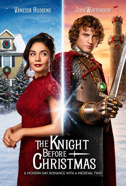 Split image: a woman in a red dress stands before a festively decorated house, while a knight in shining armor wields his sword before a grand castle. Text reads: The Knight Before Christmas (2019) DVD. A modern-day romance with a magical medieval twist—ideal for fans of Netflix holiday love stories and collectors looking to add rare Christmas fairy tale movies to their DVD library.