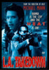 Poster for L.A. Takedown DVD (1989) featuring two men aiming guns, with bold red and white text, including “From the Director of Heat Michael Mann” and “L.A. Takedown” at the bottom—a gripping precursor to Michael Mann’s legendary depiction of Neil McCauley in Heat.