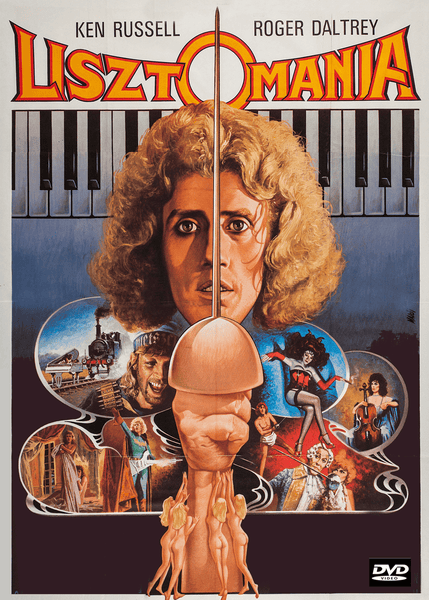 A surreal Lisztomania DVD (1975) cover features a split face, piano keys, a train, women, musicians, and abstract shapes that evoke the wild creativity of classic cinema. Bold lettering at the top highlights Ken Russell and Roger Daltrey, making this rare DVD an eccentric tribute to the energy of the iconic Liszt Wagner movie.