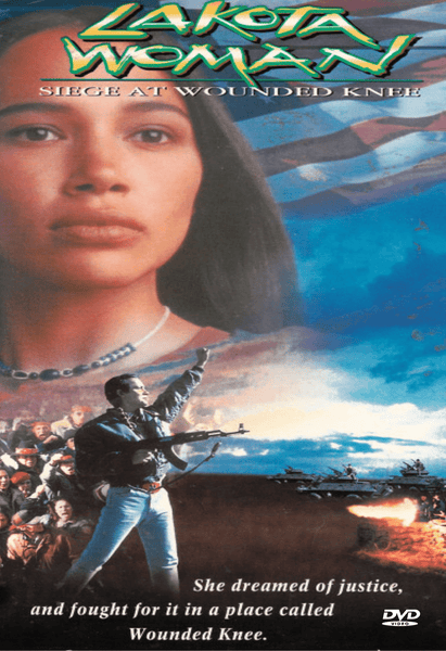The Lakota Woman: Siege At Wounded Knee DVD (1994) cover features a striking portrait of a woman, the American flag, armed figures, police vehicles, and the phrase: “She dreamed of justice, and fought for it in a place called Wounded Knee.” This compelling Native American drama is an essential addition to any collection, powerfully conveying the spirit and struggle at the heart of this historic film.