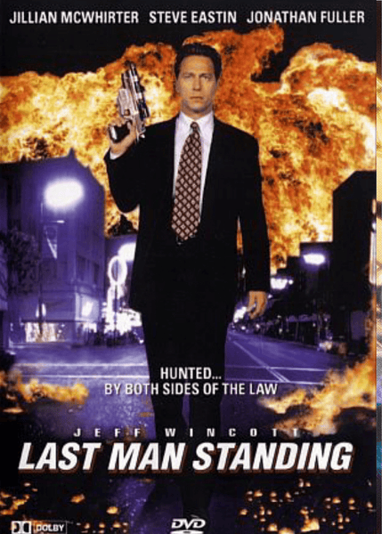 A man in a suit holding a gun strides confidently forward while flames blaze behind him. The text reads: Hunted...by both sides of the law. Jeff Wincott stars in Last Man Standing DVD (1995). Additional cast names are featured at the top, making this action thriller DVD a must-have for collectors of rare movies on DVD.