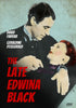A man in a suit gazes down at a red-haired woman dressed in black as she lies in his arms. The bold red title, "The Late Edwina Black DVD (1951)," appears alongside the actors' names, perfectly capturing the suspense and intrigue of this classic whodunit film.