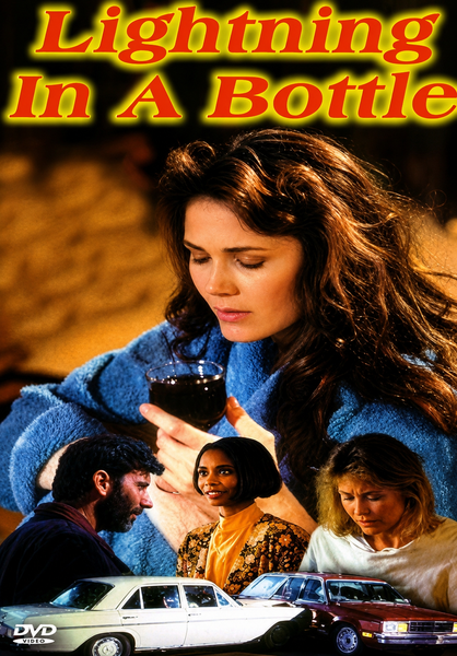 A woman in blue holds a glass of wine, appearing contemplative—evoking the mysterious mood of an amnesia film. Below her, three figures converse beside two vintage cars. Bold yellow and red text announces Lightning In A Bottle DVD (1993), starring Lynda Carter. The rare DVD logo appears at the bottom left.