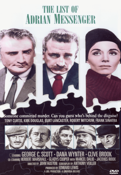DVD cover for The List of Adrian Messenger DVD (1963), showcasing striking portraits of characters in disguise, prominently displaying cast names—George C. Scott, Dana Wynter, and Clive Brook—and bold film credits at the top and bottom. A must-have for collectors seeking rare or hard-to-find movies, this DVD preserves all the mystery and suspense of a classic whodunit.