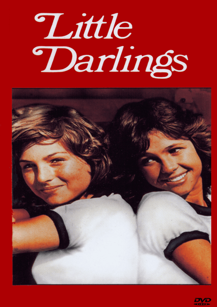 Two smiling teenage girls in white T-shirts with dark collars lean back-to-back against a vibrant red background. Above them, "Little Darlings" appears in white script, emphasizing this classic 1980 coming-of-age film. A small DVD logo in the bottom corner indicates that this is the Little Darlings DVD (1980), a must-have for collectors seeking rare movies on DVD.