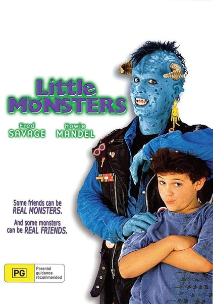 Standing behind a boy with crossed arms is a blue monster with horns and a studded vest. The text reads “Little Monsters.” Featuring the actors’ names, a PG rating, and the tagline: “Some friends can be real monsters. And some monsters can be real friends.” This cult favorite, Little Monsters (1989) DVD, is perfect for fans of classic movies or collectors looking to add rare movies on DVD to their shelves.