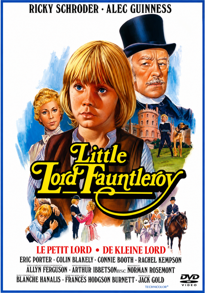 Little Lord Fauntleroy DVD (1980) features a cover with a young blond boy in the foreground, surrounded by several adults and a grand mansion in the background. The movie title is prominently displayed at the center, while cast names—including Alec Guinness—appear at the top and bottom. This is an essential addition for collectors seeking rare movies on DVD.