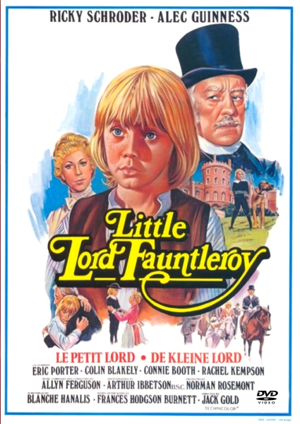 Movie poster for Little Lord Fauntleroy (1980) featuring a blond boy in the center, surrounded by various characters, a horse, carriage, and a grand estate in the background. The title and cast names, including Alec Guinness, are prominently displayed above and below—an excellent addition for collectors searching for the rare Little Lord Fauntleroy DVD (1980) or fans eager to add this classic to their movie library.