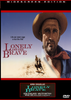 A cowboy in a hat gazes into the distance; beneath, he rides a horse across the desert—capturing an iconic moment from the classic Kirk Douglas film. The text reads, “Lonely Are The Brave” alongside the tagline, “Life can never cage a man like this!”, with credits featured at the bottom. Experience this unforgettable modern Western on the Lonely Are The Brave DVD (1962).
