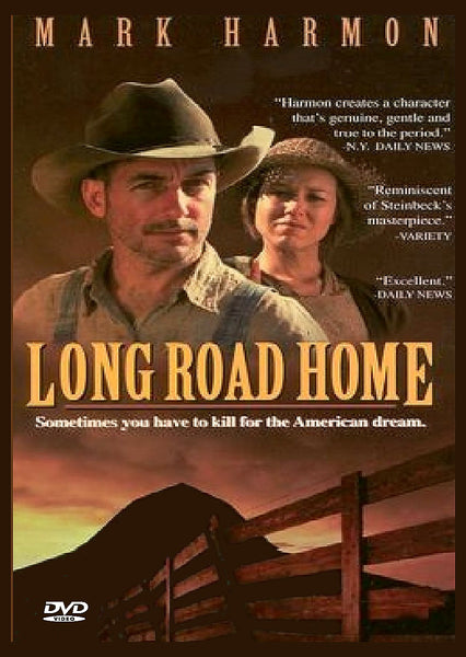 DVD cover for Long Road Home DVD (1991) features a man in a cowboy hat with a woman standing behind him, set against a sunset background with fences and mountains, along with review quotes. A must-have for Mark Harmon fans, this classic 1991 film on DVD captures the spirit of the American West.