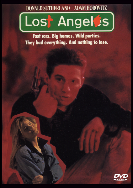 Movie poster for Lost Angels DVD (1989), showcasing a young man with a gun and a worried expression, alongside a woman in a denim jacket. The design includes text highlighting fast cars, wild parties, and loss—perfect for collectors seeking rare movies on DVD. The bottom right features the DVD logo.
