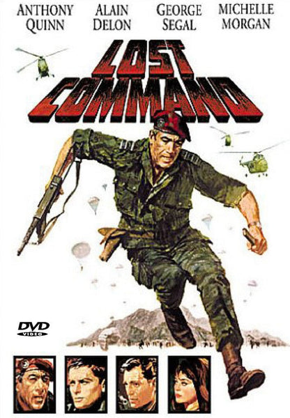 The Lost Command DVD features a vintage cover depicting a soldier in green uniform and beret running with a rifle, helicopters soaring above, and headshots of four characters at the bottom. Actor names are showcased at the top—an excellent addition for collectors seeking rare, hard-to-find classic French war drama titles.
