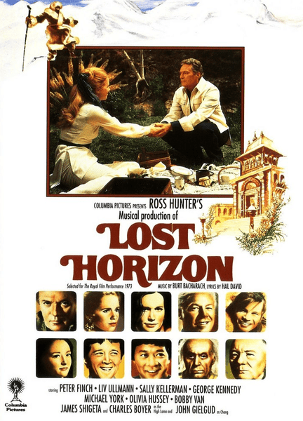 Movie poster for Lost Horizon DVD (1973) featuring a man playing piano for a woman in a scenic garden with an ornate temple, along with headshots of the main cast members at the bottom. Perfect for fans of vintage classic movies, the title and credits are prominently displayed in the center.