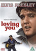 DVD cover for Loving You DVD (1957) featuring two Technicolor images of Elvis Presley—one close-up of his face and another showing him playing guitar with a country and western band. The text reads ELVIS PRESLEY and loving you, along with a Digitally Remastered label.