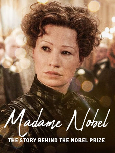 A woman in period costume with short curly hair gazes aside. Text reads: Madame Nobel (2014) DVD—a gripping biographical drama, perfect for world cinema fans. Soft, warm lighting blurs the background.