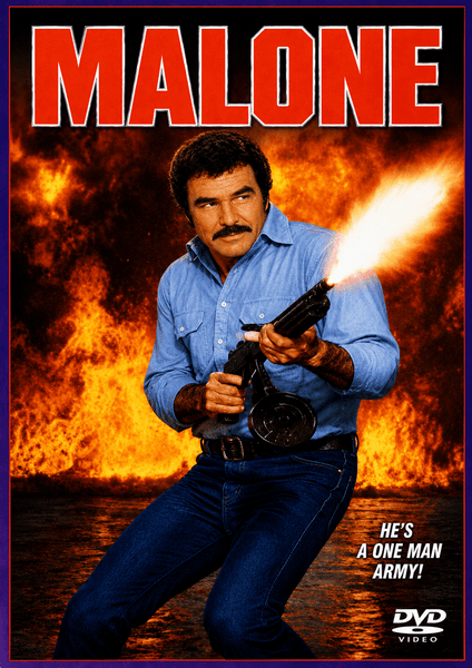 A man with a mustache in a blue shirt fires a gun amid towering flames, with "MALONE" at the top and the tagline "HE'S A ONE MAN ARMY!" below; "DVD VIDEO" appears in the corner—Malone DVD (1987) is perfect for fans of rare movies on DVD and classic Burt Reynolds action films.