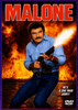 A man with a mustache in a blue shirt fires a gun amid towering flames, with "MALONE" at the top and the tagline "HE'S A ONE MAN ARMY!" below; "DVD VIDEO" appears in the corner—Malone DVD (1987) is perfect for fans of rare movies on DVD and classic Burt Reynolds action films.