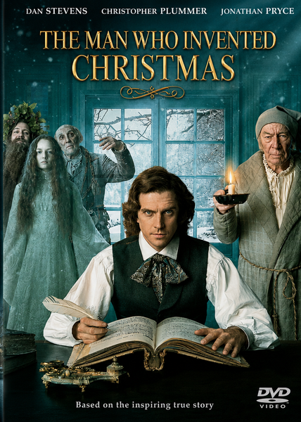 A serious man writes in a book at his desk, while three ghostly figures and an elderly man holding a candle stand behind him. The title, The Man Who Invented Christmas (2017) DVD, pays homage to the rare classic movies inspired by Dickens’ timeless tale. Snow gently falls outside the window, capturing the magic found in every beloved adaptation of A Christmas Carol.