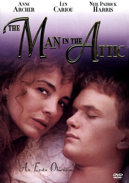 The DVD cover for The Man in the Attic DVD (1995), a vintage classic movie, depicts a woman gazing at a young man who is resting with his eyes closed. Starring Anne Archer, Len Cariou, and Neil Patrick Harris, this rare film is available on DVD—a must-have for collectors and fans alike.