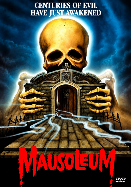 A giant skull and hands rise behind a mist-shrouded tomb, with the tagline “Centuries of evil have just awakened.” The title “Mausoleum” appears in bold red at the bottom alongside a DVD logo—an ideal addition for collectors of rare horror films and classic movie enthusiasts. Available now: Mausoleum DVD (1983).
