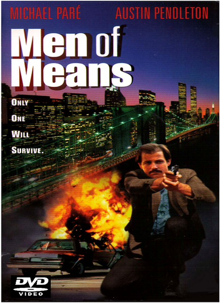 A man kneels and aims a gun in front of an explosion and burning cars on a city bridge, with the New York skyline and Twin Towers visible in the background. The DVD cover features the title Men of Means DVD (1999) along with the tagline Only One Will Survive, making this Michael Pare film a must-have for rare movie collectors looking for an intense action thriller on DVD.
