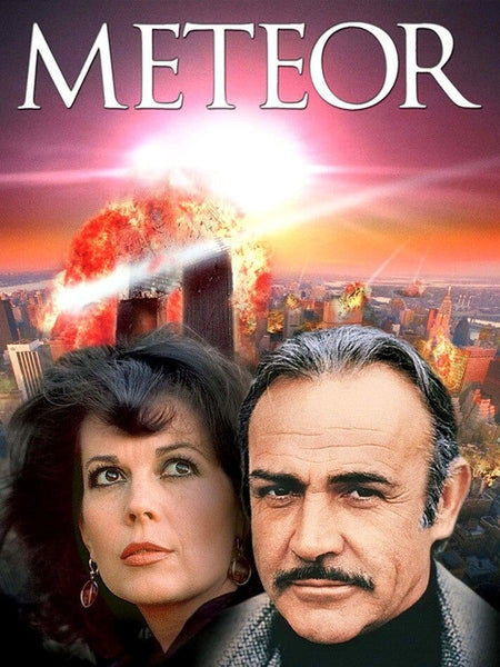 The cover of the Meteor (1979) DVD features a dramatic scene with a woman and a man in the foreground, set against a city skyline being hit by meteors and explosions—a classic image from this disaster movie starring Sean Connery and Natalie Wood.