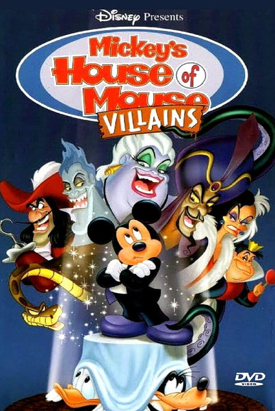 Mickey Mouse takes center stage on the "Mickey's House of Villains DVD (2002)," surrounded by infamous Disney villains like Ursula and Captain Hook beneath the iconic House of Mouse Villains sign—a must-have scene for collectors searching for rare, hard-to-find movies. Goofy and Donald Duck appear from below, making this unforgettable moment a true tribute to classic Disney adventures now available on DVD.