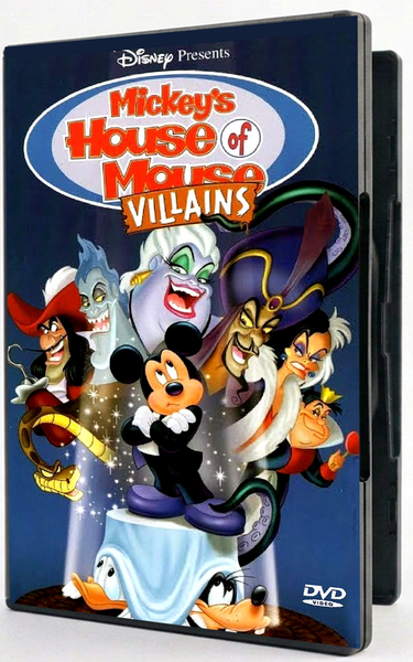 On the cover of the Mickey’s House of Villains DVD (2002), Mickey Mouse stands on a platform surrounded by classic Disney villains, including Captain Hook, Hades, Ursula, Jafar, Cruella de Vil, and the Queen of Hearts.