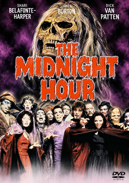 A DVD cover for The Midnight Hour DVD (1985), a Halloween movie, displays a large skull looming above a group of people dressed as zombies and vampires, with the bold, red, dripping title text centered on the cover.