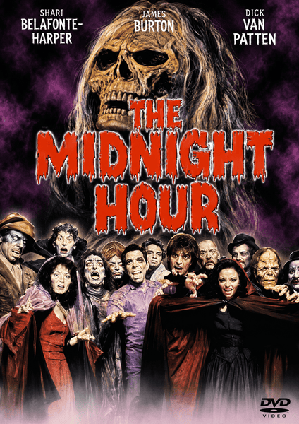 A menacing skull hovers above a crowd of people in costume with frightful expressions on the cover of The Midnight Hour DVD (1985). The movie's title, “The Midnight Hour,” stands out in bold red letters, evoking the eerie charm of classic horror films available on DVD. Names and a DVD video logo are displayed at the top and bottom, making this rare and hard-to-find release a chilling addition to any collection.