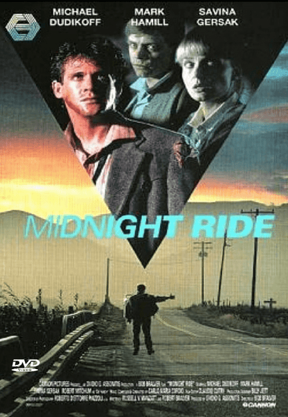 Midnight Ride DVD (1990) cover features three serious-looking individuals above a lone man walking down a rural road at sunset, with the film’s title and cast names prominently displayed—a must-have for collectors of rare and hard-to-find movies.