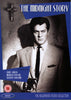 Film poster for the Tony Curtis movie Midnight Story DVD (1957) showing a man in a suit holding a gun, with a crucifix on the wall and movie credits listed. Featuring a blue and black color scheme with a mystery genre label at the bottom—ideal for fans of classic movies on DVD.