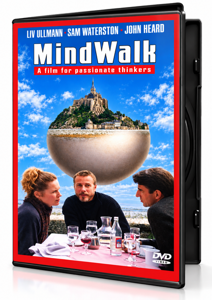Mindwalk DVD (1990) case featuring three people sitting at a table with a floating island castle behind them.