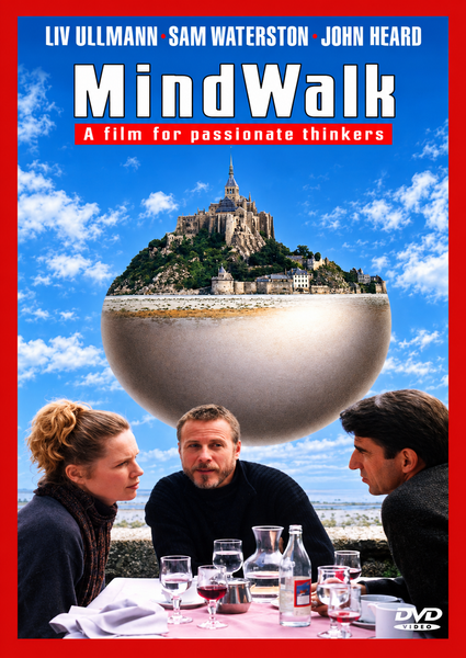 Three people sit at an outdoor table with drinks, deep in conversation. Behind them, a castle-topped island appears nestled inside a large bowl. The image is bordered in red, with the title “Mindwalk” and actors’ names—including Sam Waterston—featured at the top. The Mindwalk DVD (1990) is a vintage classic movie and an essential addition for collectors seeking rare movies on DVD.