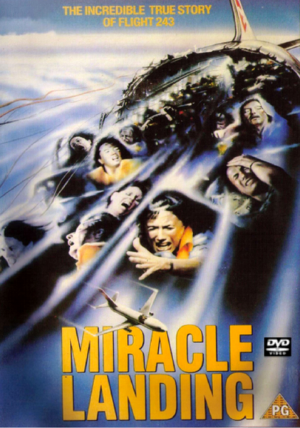 Movie poster for Miracle Landing DVD (1990), a gripping air disaster film, depicts terrified passengers in a damaged airplane with part of the cabin exposed, alongside the movie’s title and an image of a small plane at the bottom—an ideal find for collectors seeking rare classic movies on DVD, such as Aloha Airlines Flight 243.